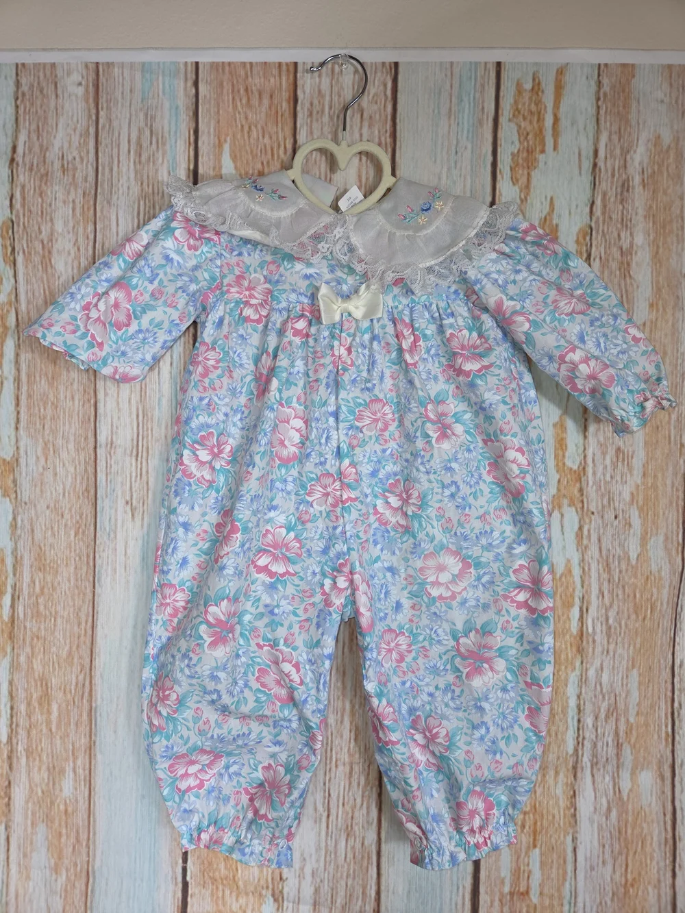 Y2K Lightning Bug Baby Girls Floral Blue & Pink One-Piece Romper w/ Lace Collar